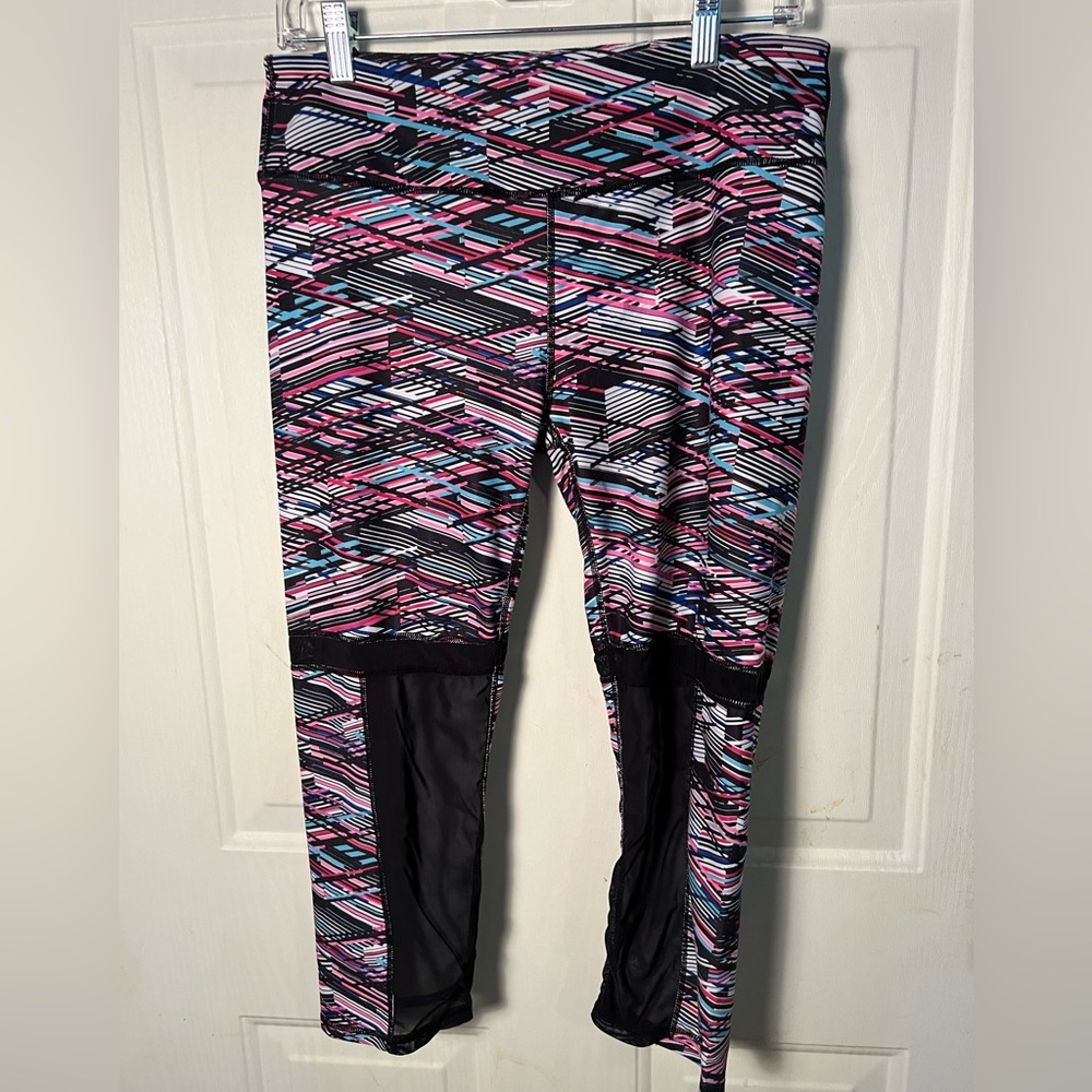 Fabletics Multi color stripe leggings with mesh accents (M)
